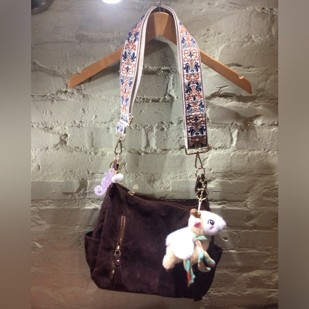 NEW! Upcycled Ruxpinsrags Shoulder Bag with Patterned Strap and Plush Charm